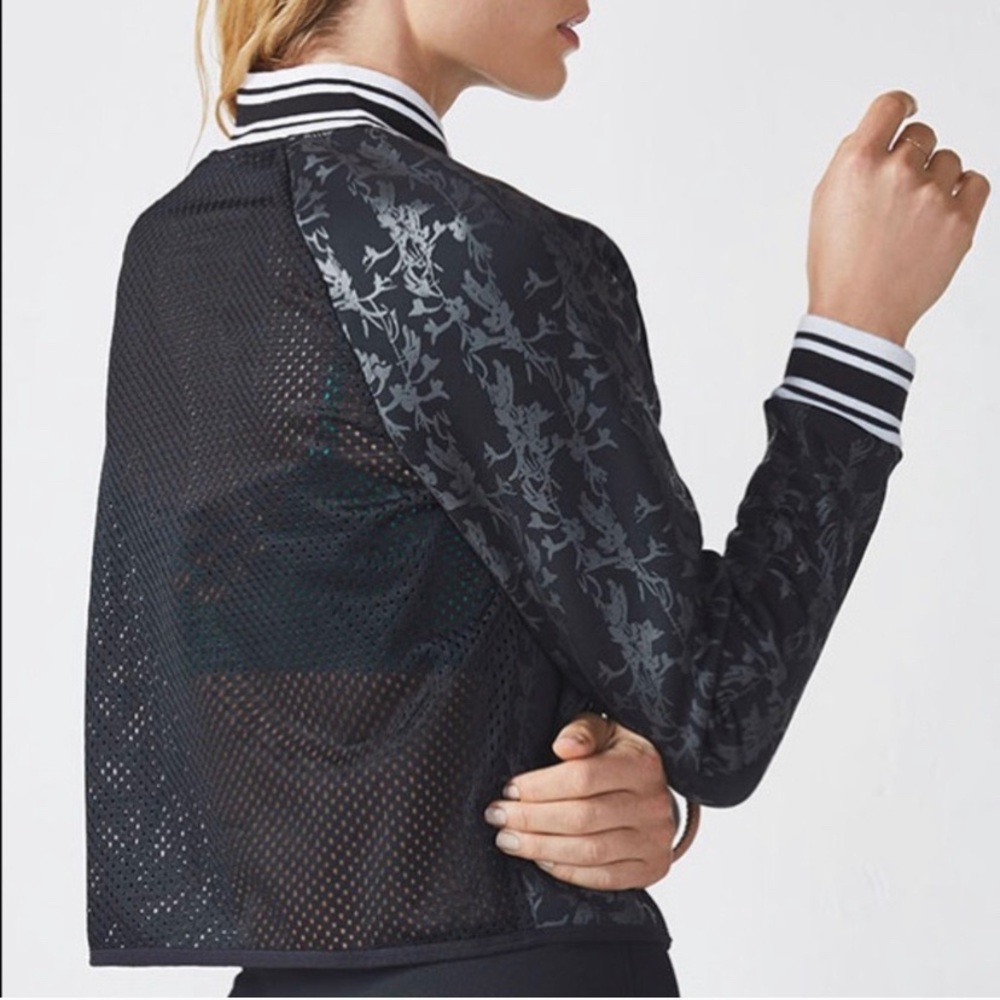Fabletics Tia Scuba Bomber Jacket Mesh Back Black Gray Floral‎ Size XS